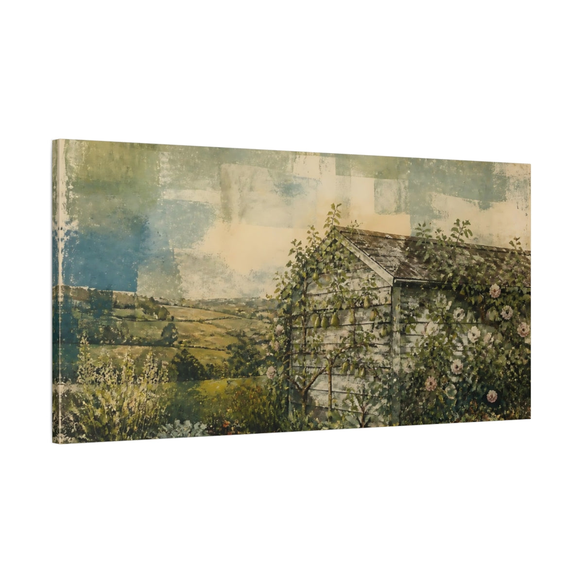Main Mockup. Orchard Shed With Roses shown as canvas print