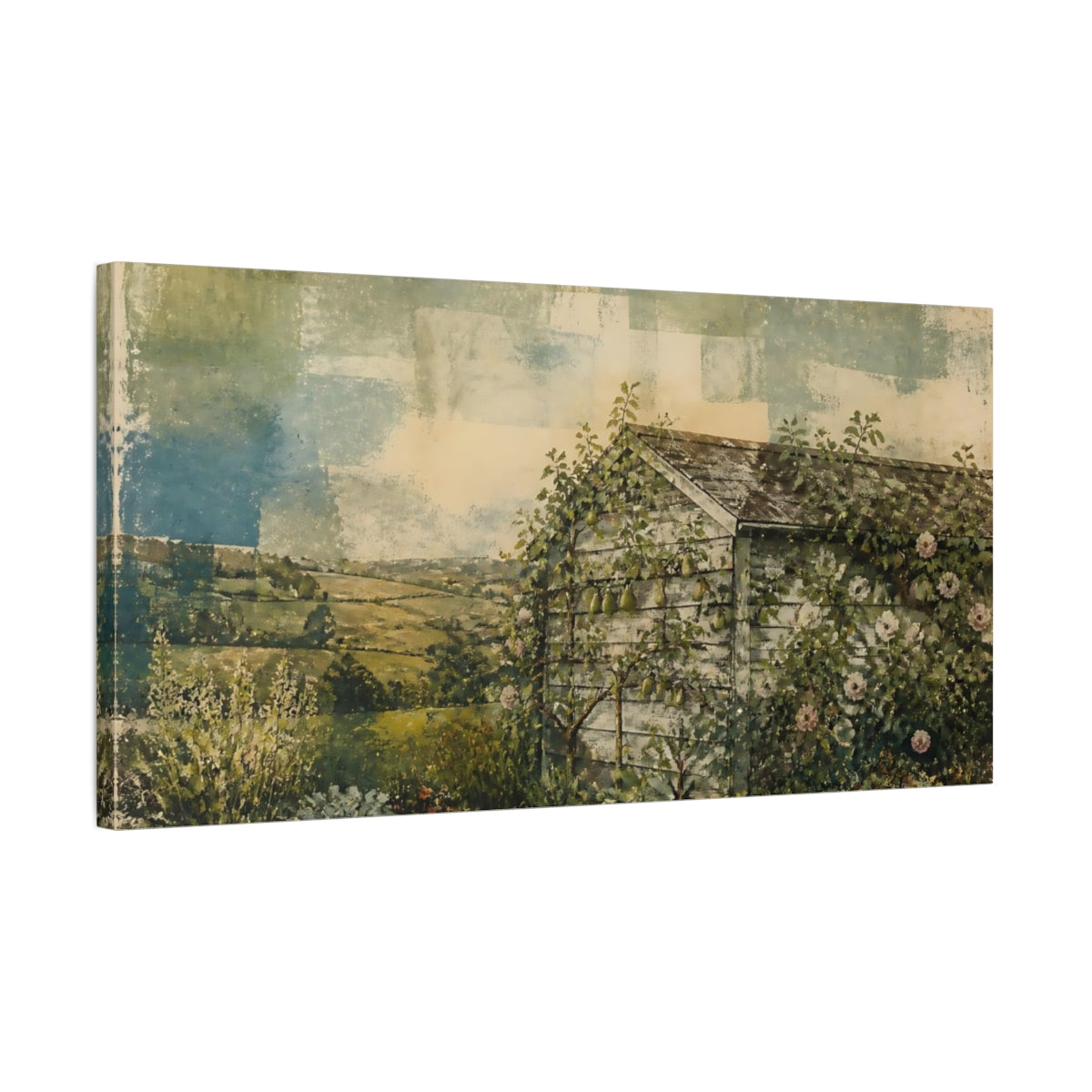Side Mockup 1. Orchard Shed With Roses shown as canvas print