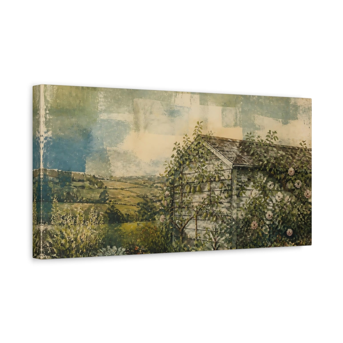 Side Mockup 3. Orchard Shed With Roses shown as canvas print