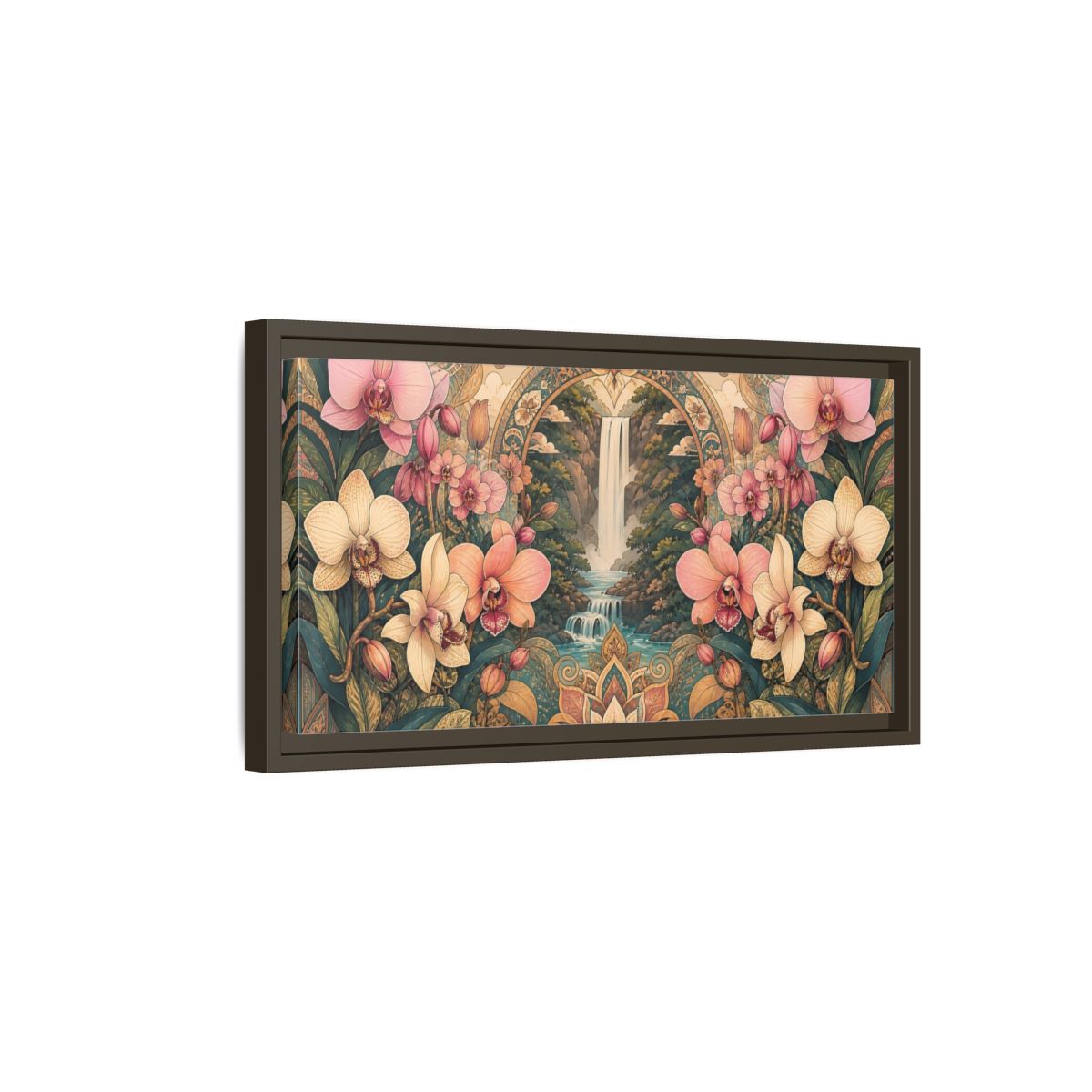 Side Mockup 7. Orchid Waterfall Sanctuary shown as framed canvas print