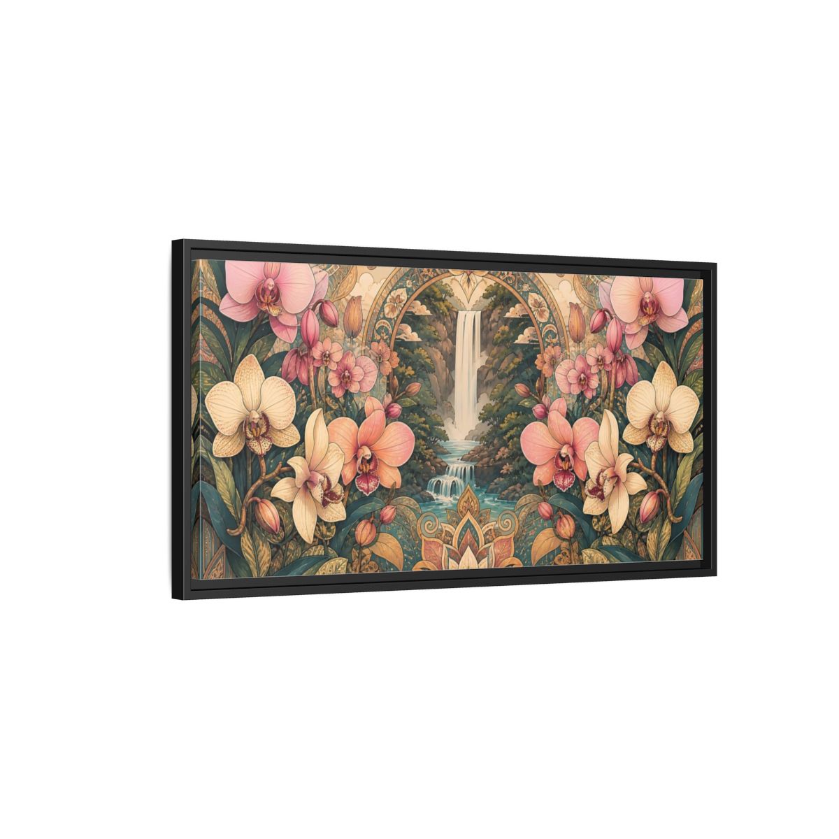 Side Mockup 2. Orchid Waterfall Sanctuary shown as framed canvas print