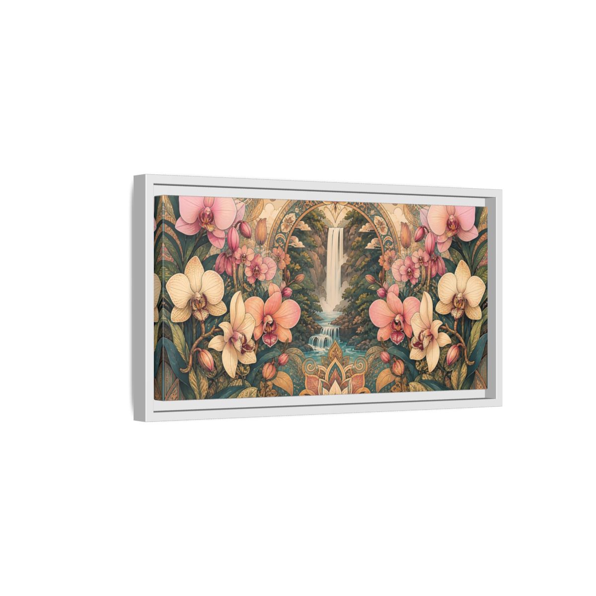 Side Mockup 6. Orchid Waterfall Sanctuary shown as framed canvas print