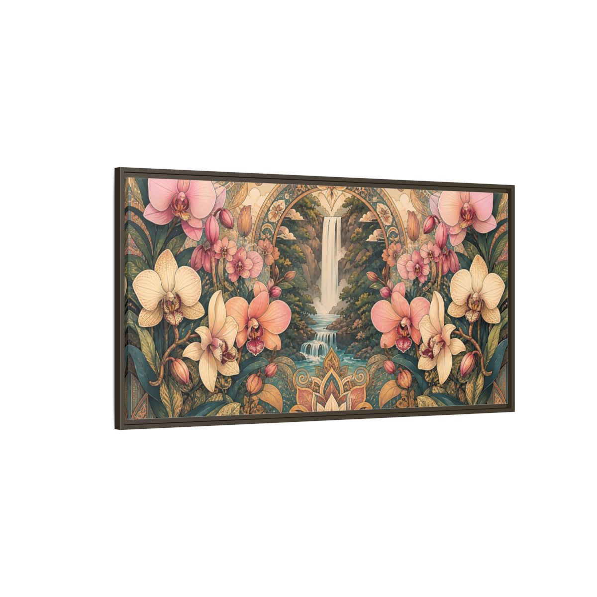 Side Mockup 4. Orchid Waterfall Sanctuary shown as framed canvas print