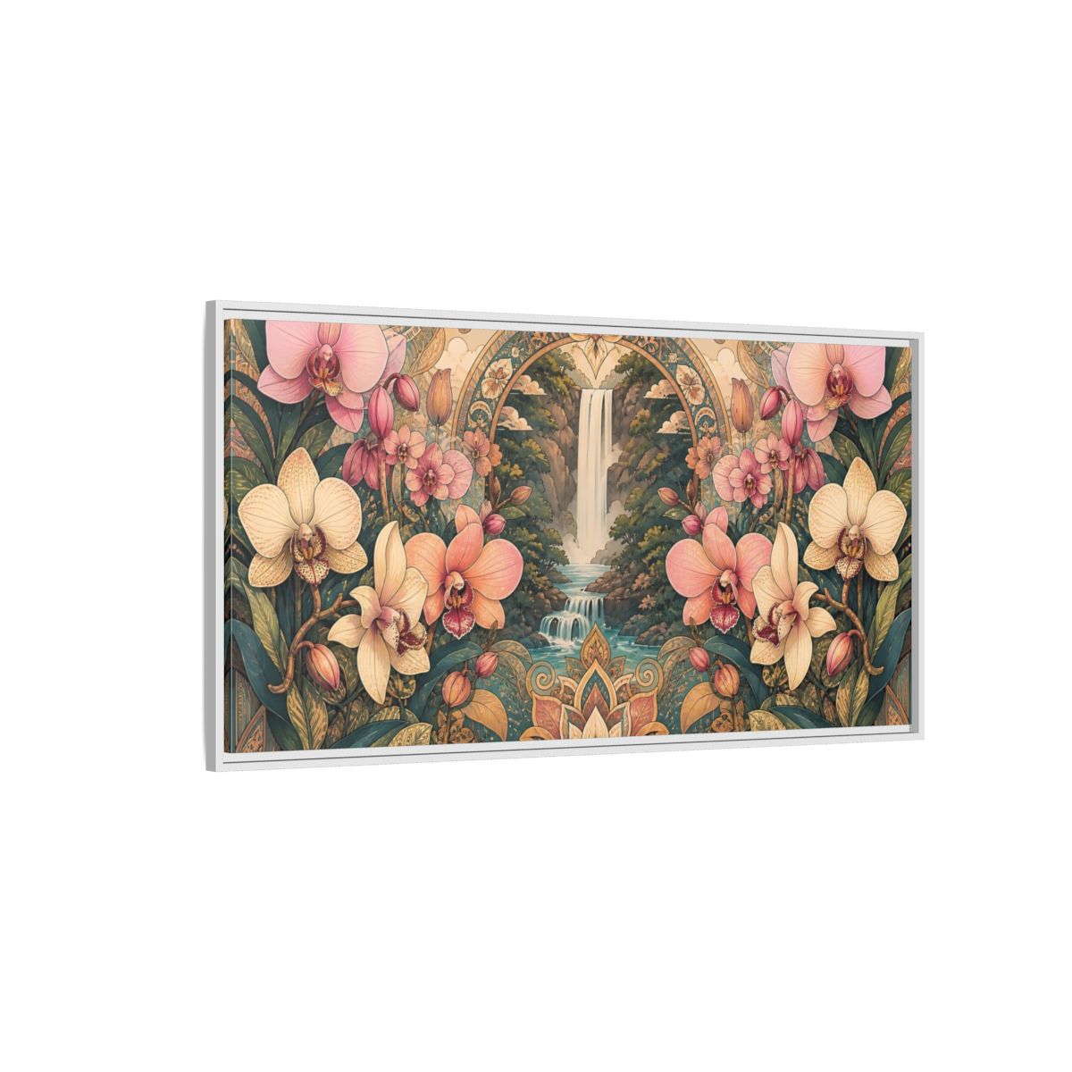 Side Mockup 3. Orchid Waterfall Sanctuary shown as framed canvas print