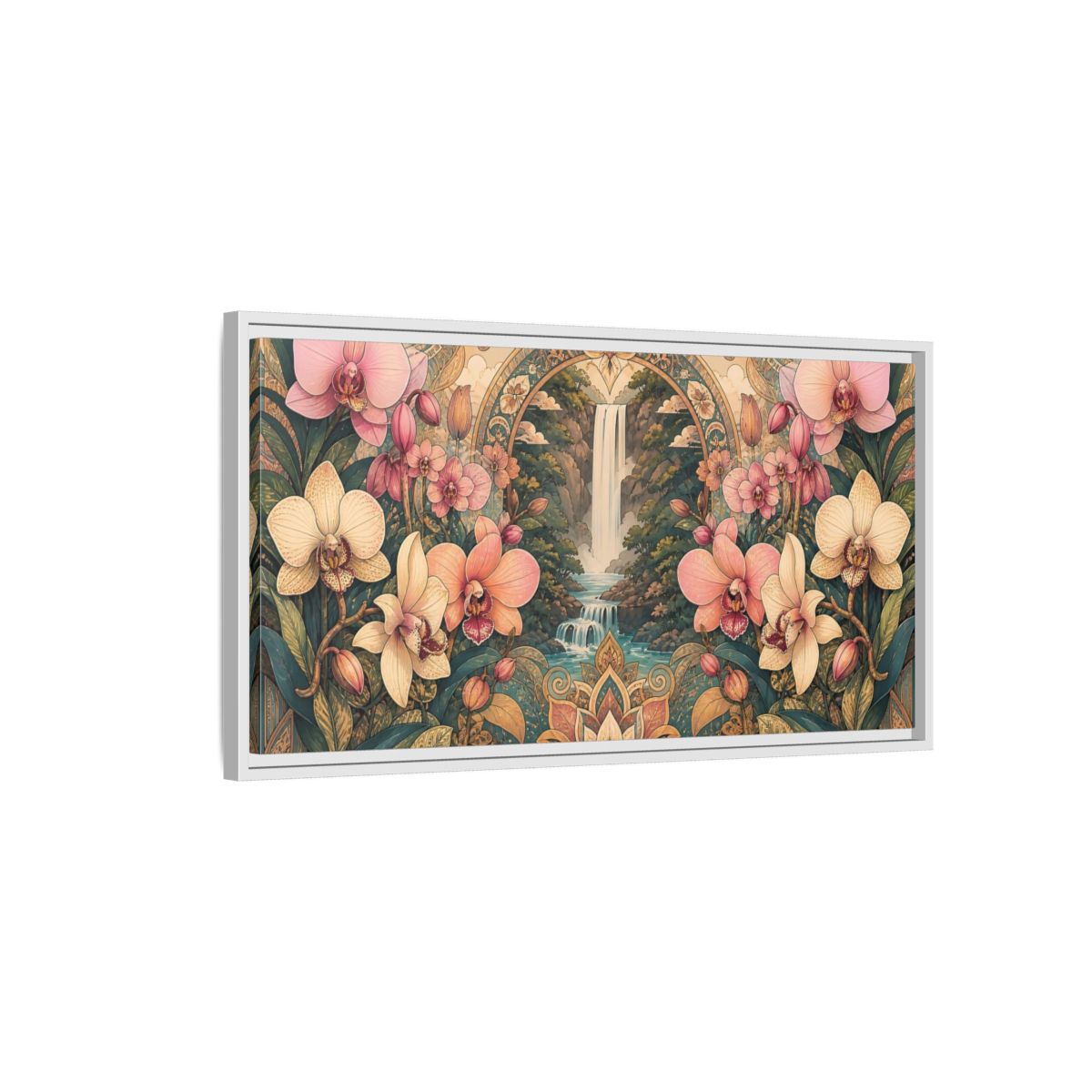 Side Mockup 1. Orchid Waterfall Sanctuary shown as framed canvas print