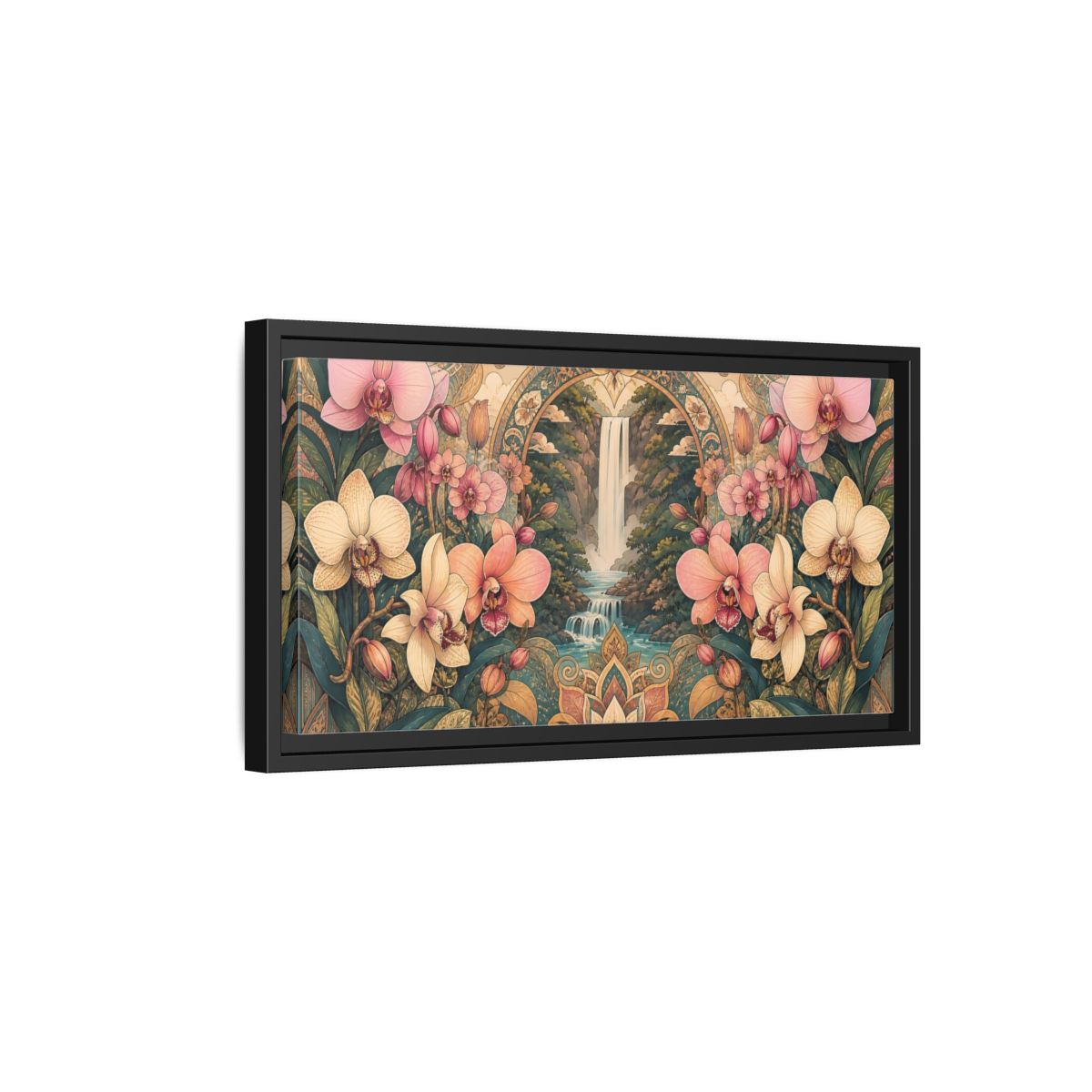 Side Mockup 8. Orchid Waterfall Sanctuary shown as framed canvas print