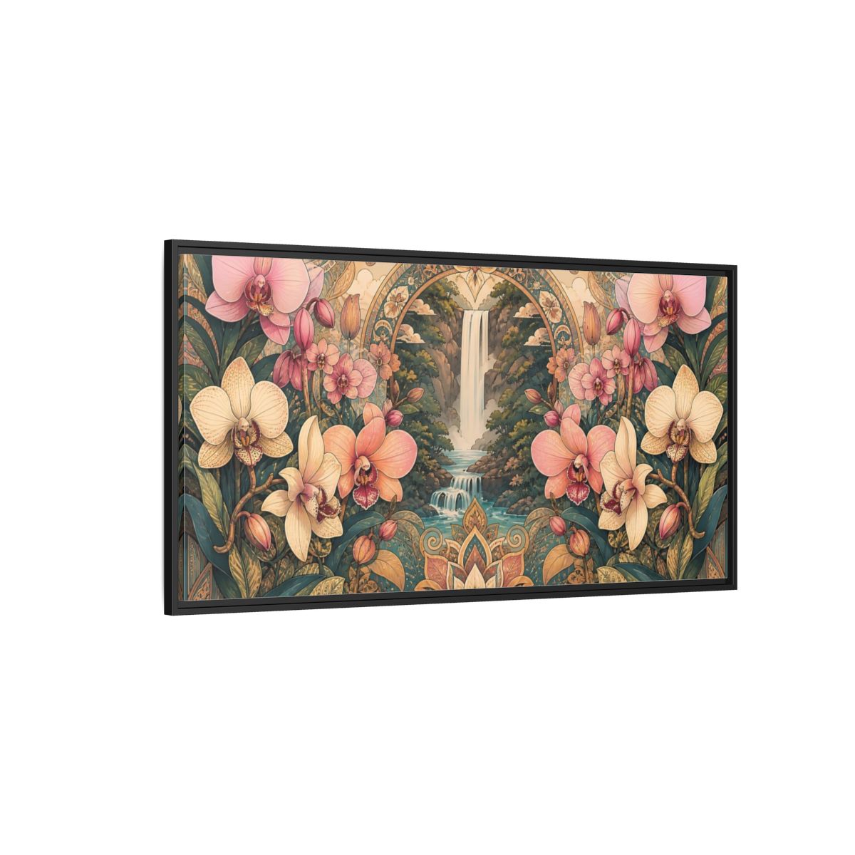Side Mockup 5. Orchid Waterfall Sanctuary shown as framed canvas print