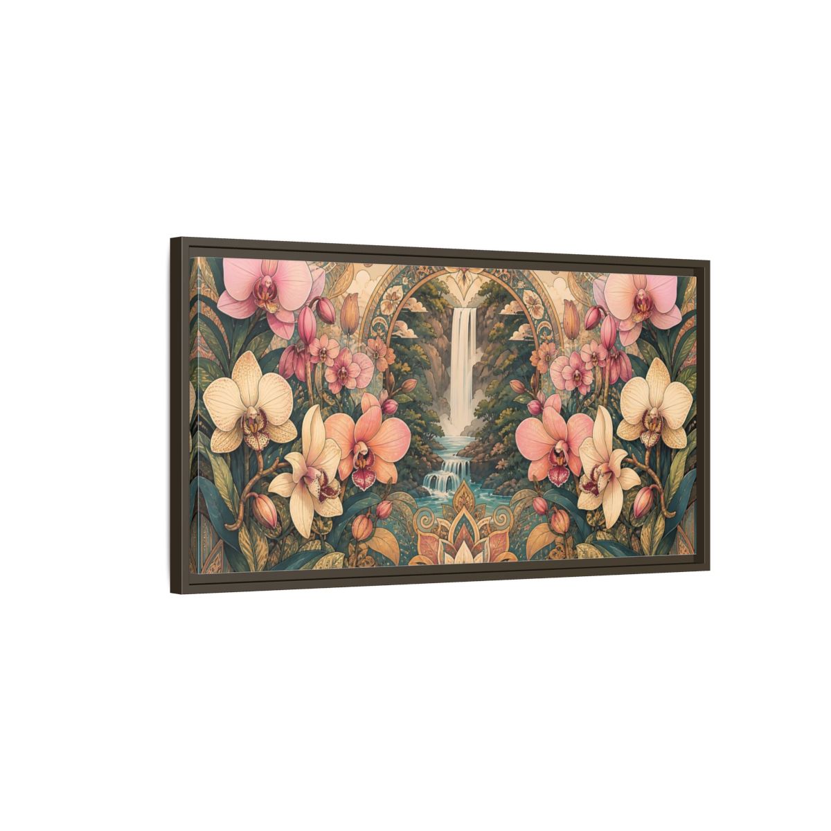 Main Mockup. Orchid Waterfall Sanctuary shown as framed canvas print