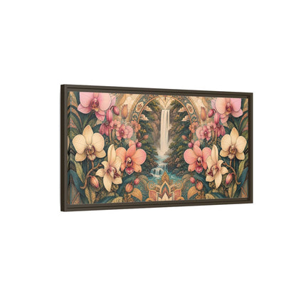 Main Mockup. Orchid Waterfall Sanctuary shown as framed canvas print