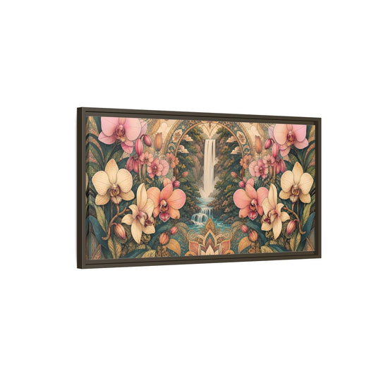 Main Mockup. Orchid Waterfall Sanctuary shown as framed canvas print