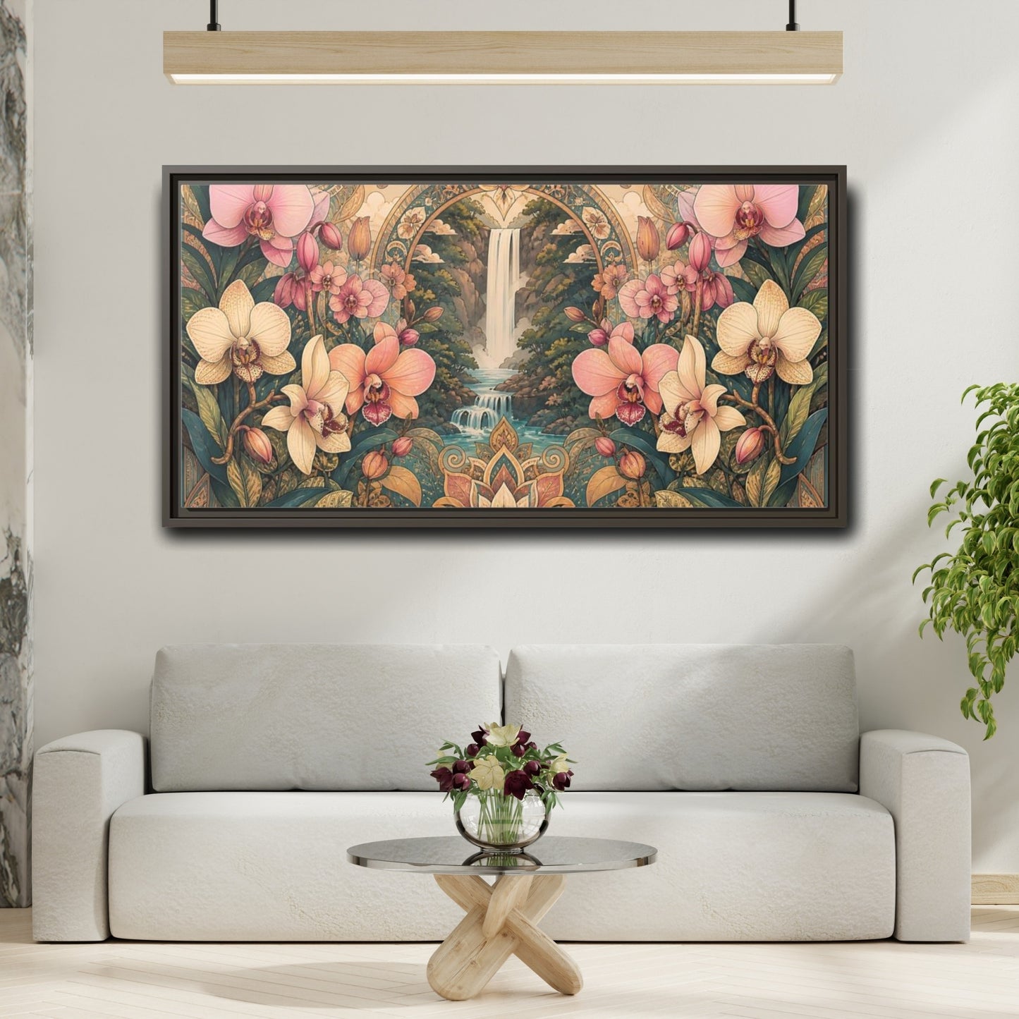Mockup 2. Orchid Waterfall Sanctuary shown as framed canvas print