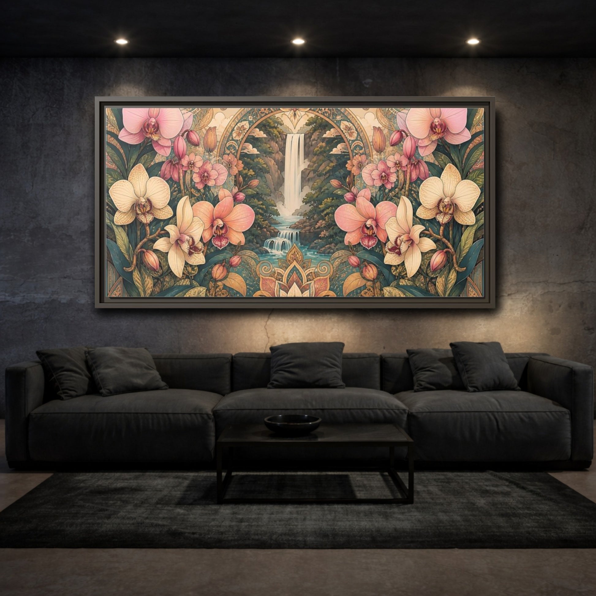 Mockup 3. Orchid Waterfall Sanctuary shown as framed canvas print