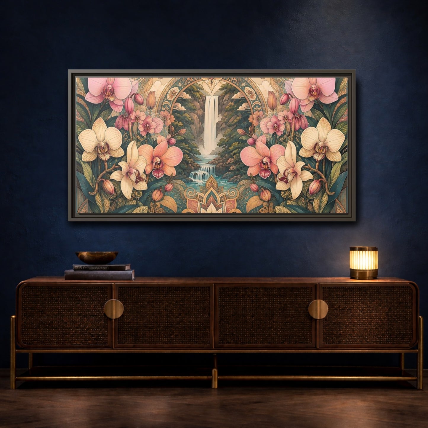 Mockup 4. Orchid Waterfall Sanctuary shown as framed canvas print