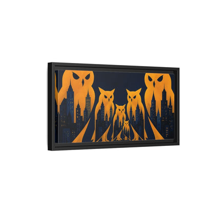 Side Mockup 8. Owl Illusion Skyline shown as framed canvas print