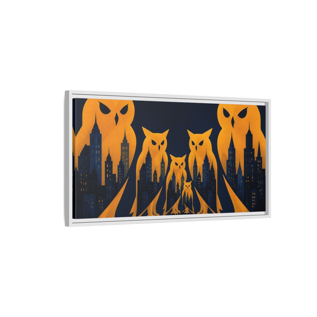 Side Mockup 1. Owl Illusion Skyline shown as framed canvas print