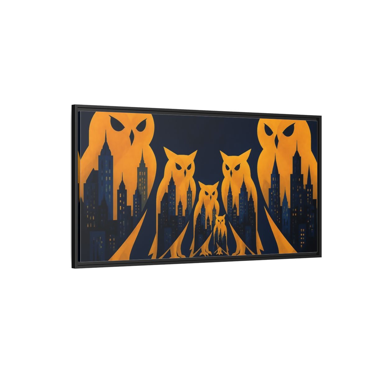 Side Mockup 5. Owl Illusion Skyline shown as framed canvas print