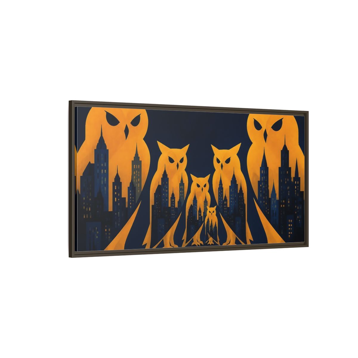 Side Mockup 4. Owl Illusion Skyline shown as framed canvas print