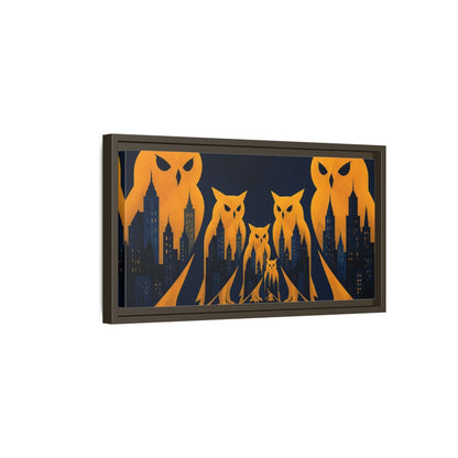 Side Mockup 7. Owl Illusion Skyline shown as framed canvas print