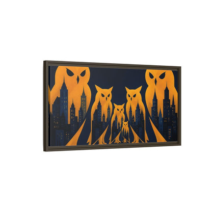 Main Mockup. Owl Illusion Skyline shown as framed canvas print