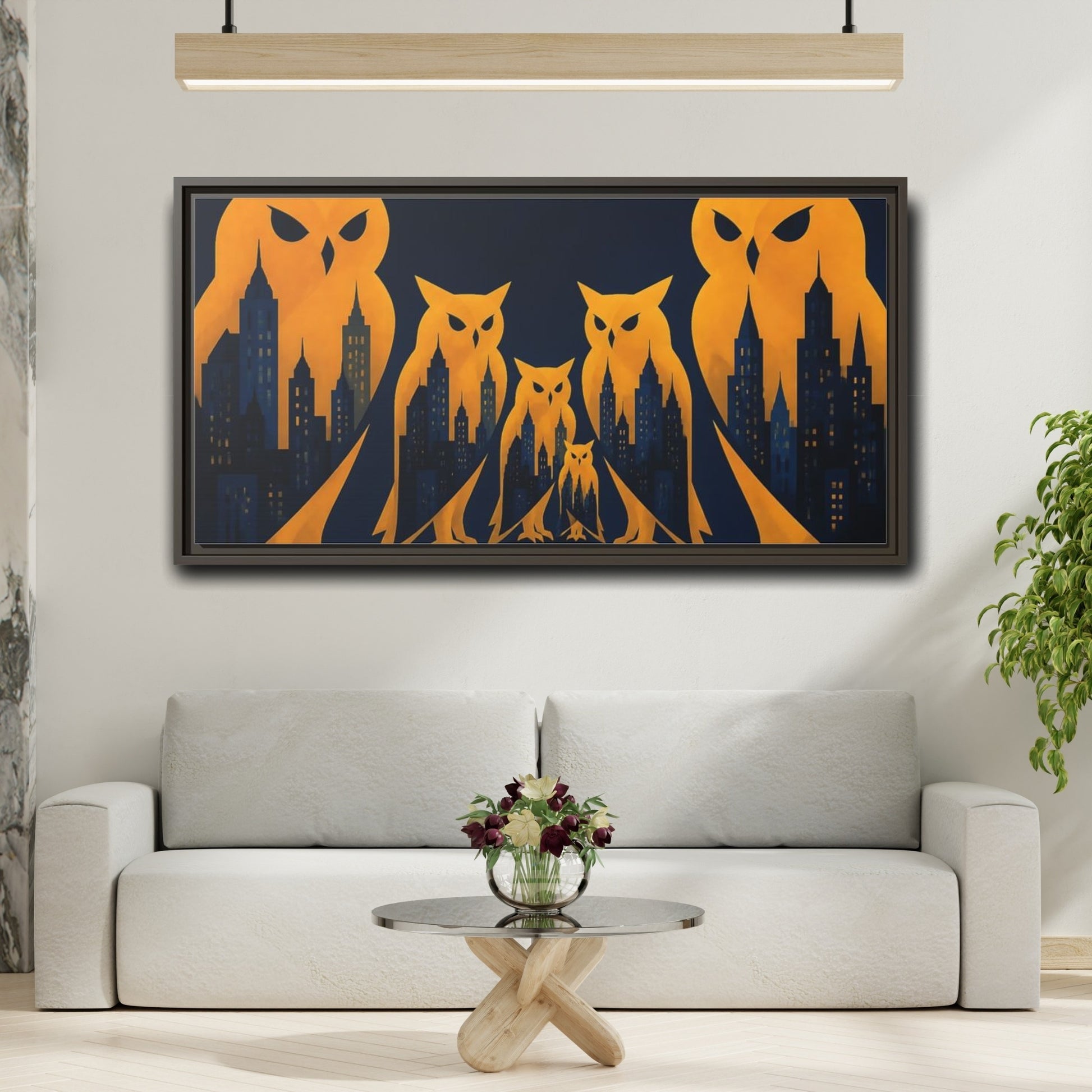 Mockup 2. Owl Illusion Skyline shown as framed canvas print