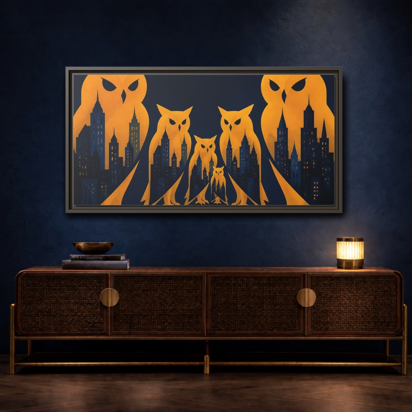 Mockup 4. Owl Illusion Skyline shown as framed canvas print