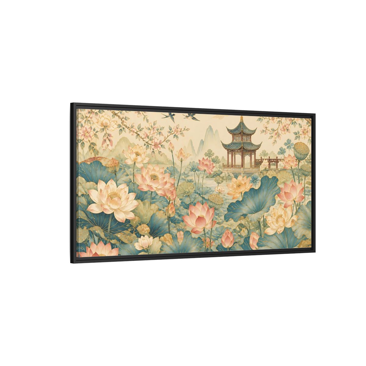 Side Mockup 5. Pagoda In Lotus Garden shown as framed canvas print