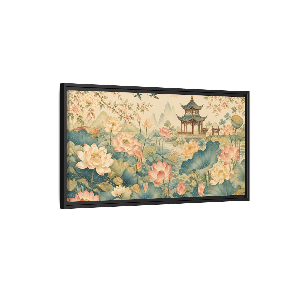 Side Mockup 2. Pagoda In Lotus Garden shown as framed canvas print