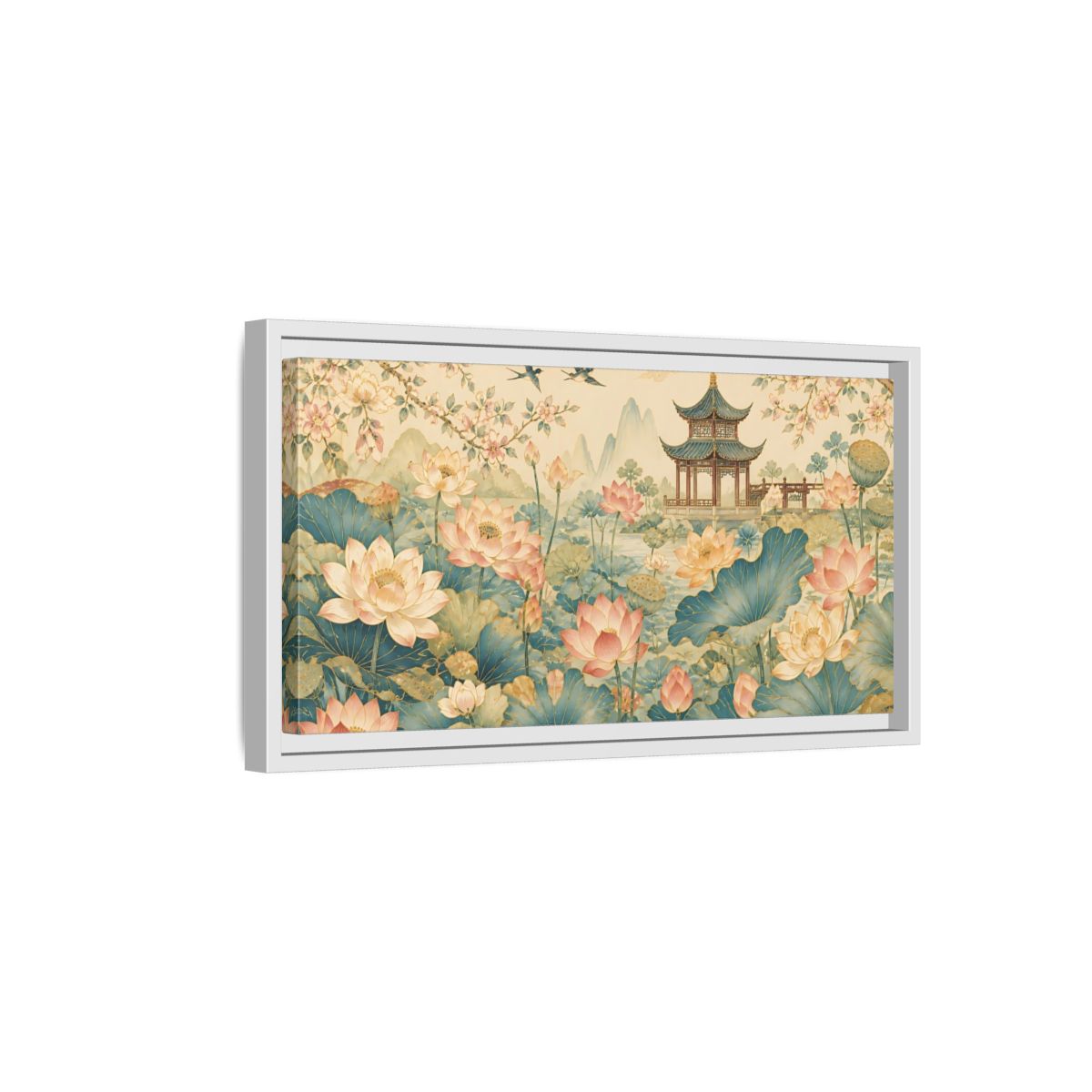Side Mockup 6. Pagoda In Lotus Garden shown as framed canvas print
