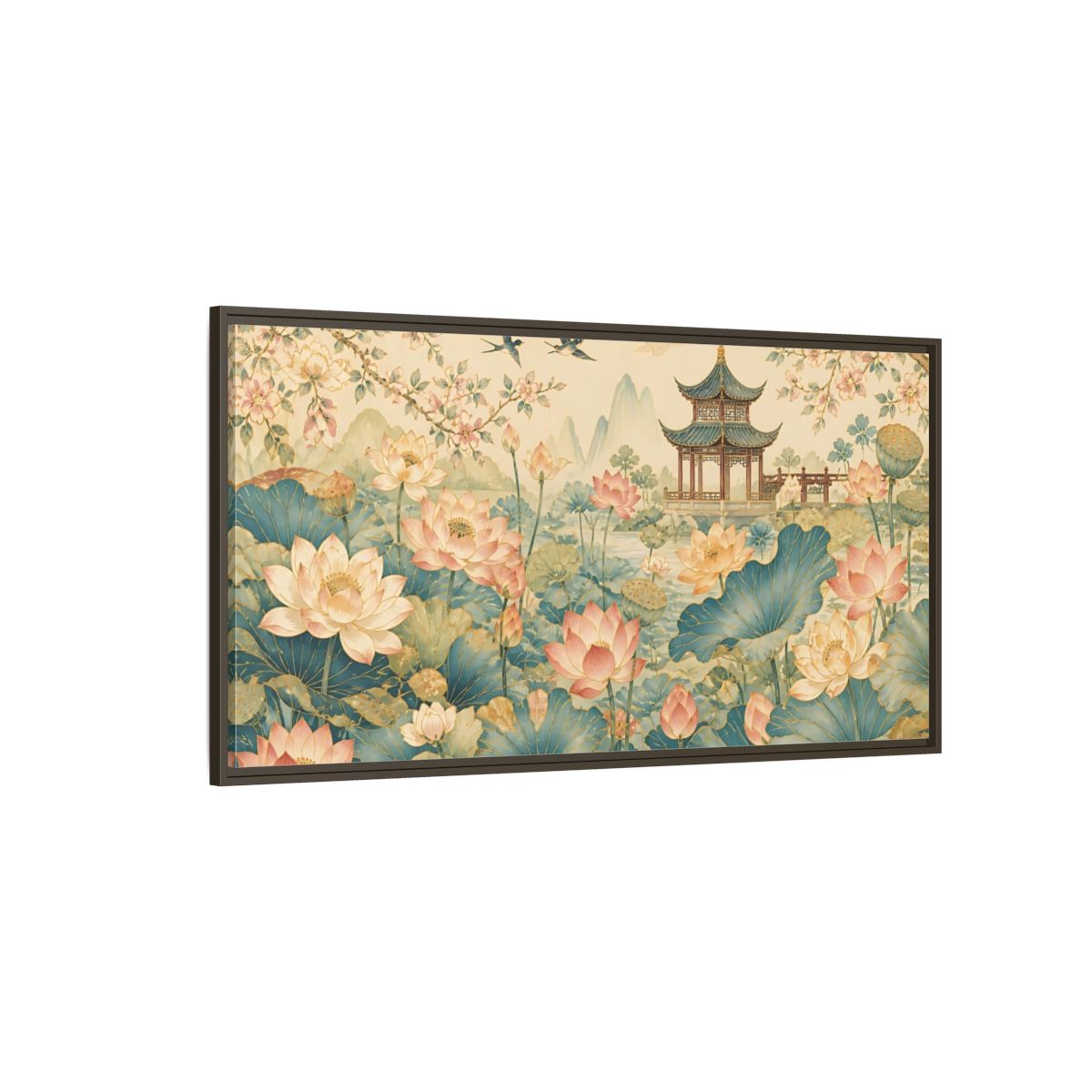 Side Mockup 4. Pagoda In Lotus Garden shown as framed canvas print