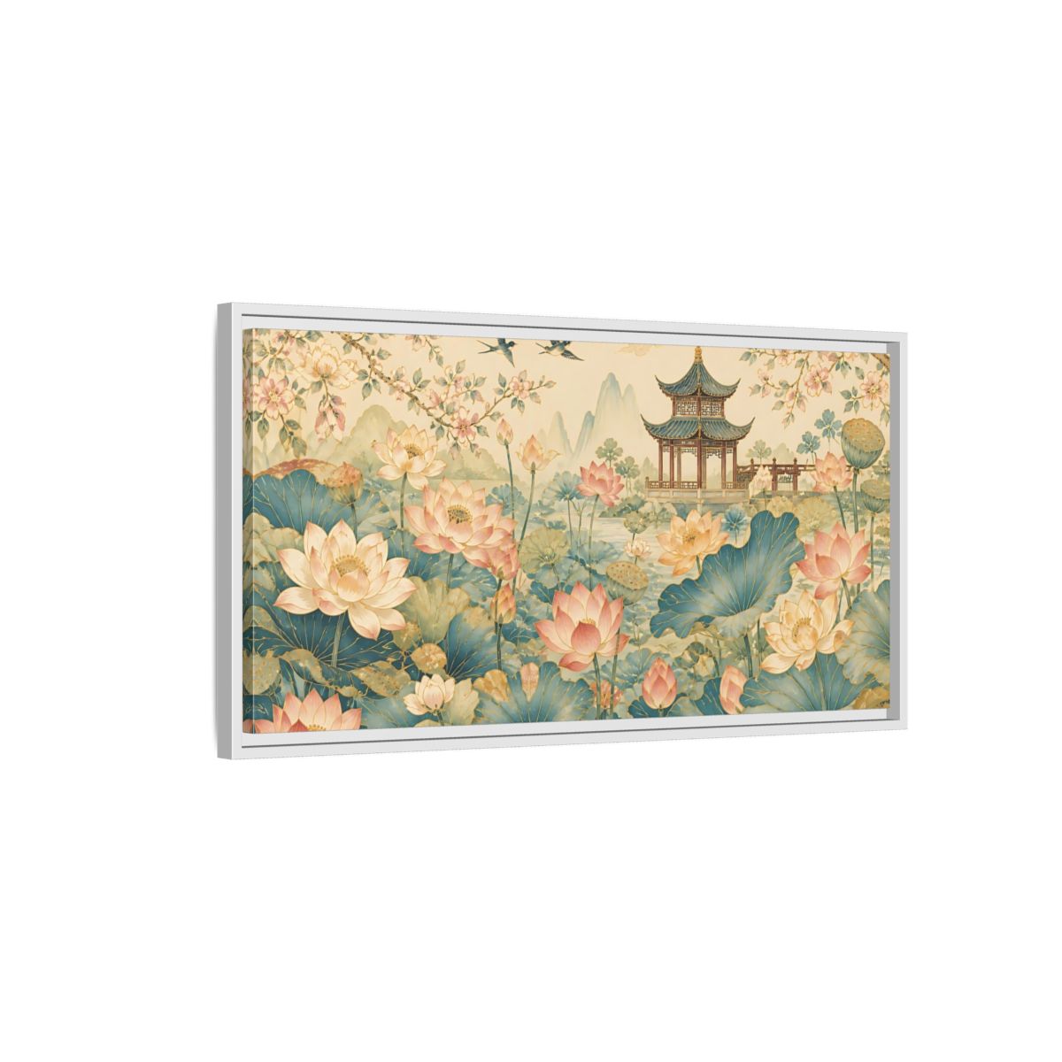 Side Mockup 1. Pagoda In Lotus Garden shown as framed canvas print