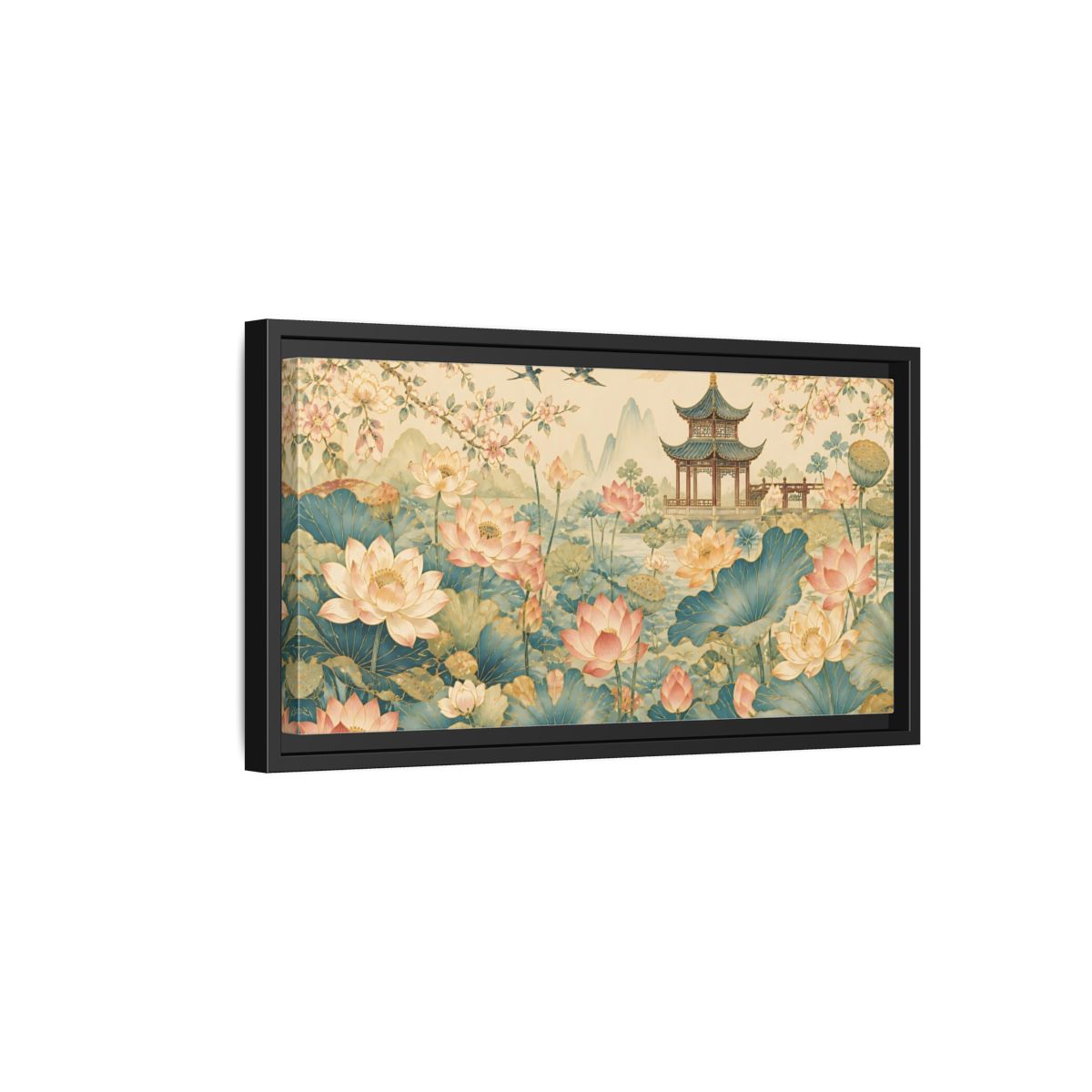 Side Mockup 8. Pagoda In Lotus Garden shown as framed canvas print