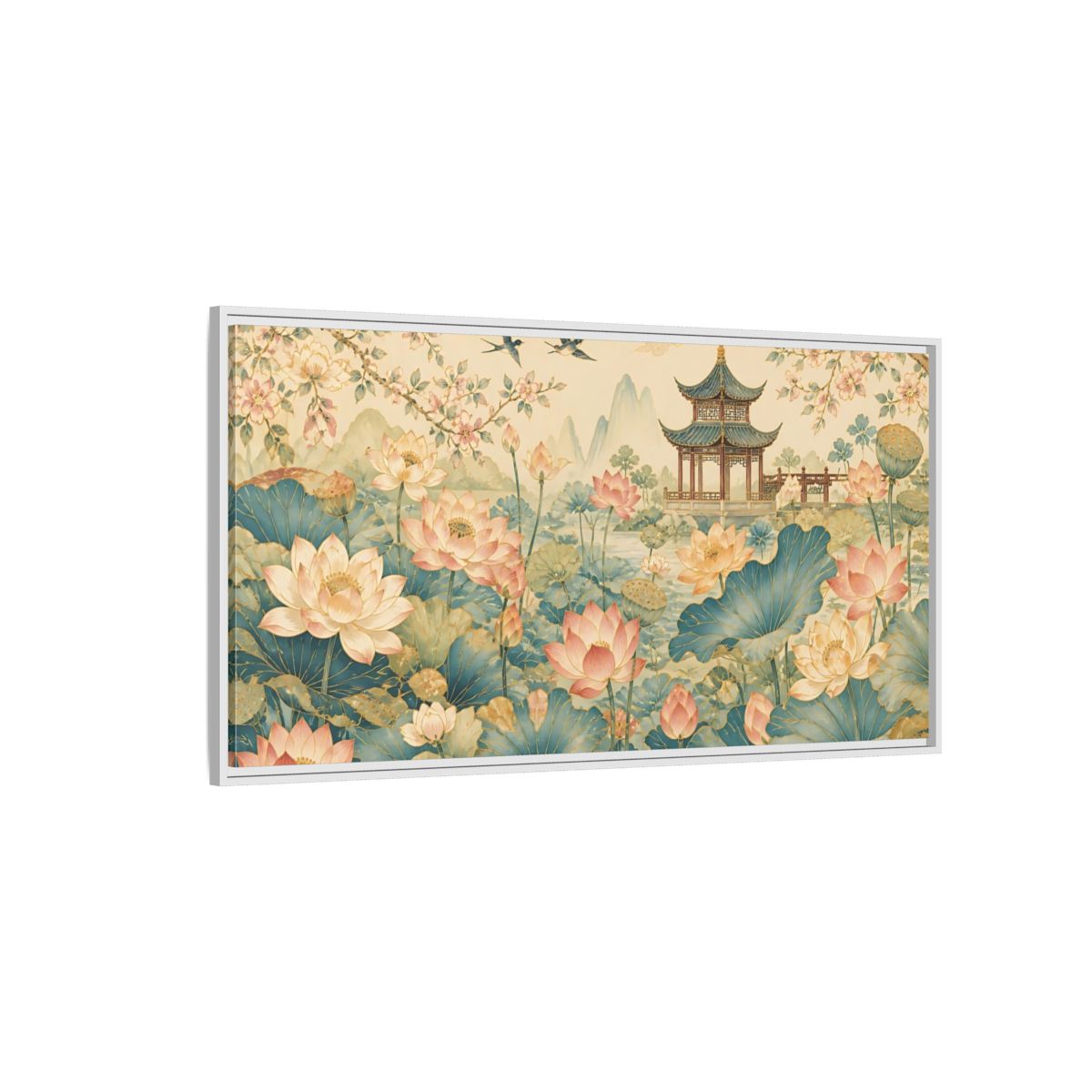 Side Mockup 3. Pagoda In Lotus Garden shown as framed canvas print