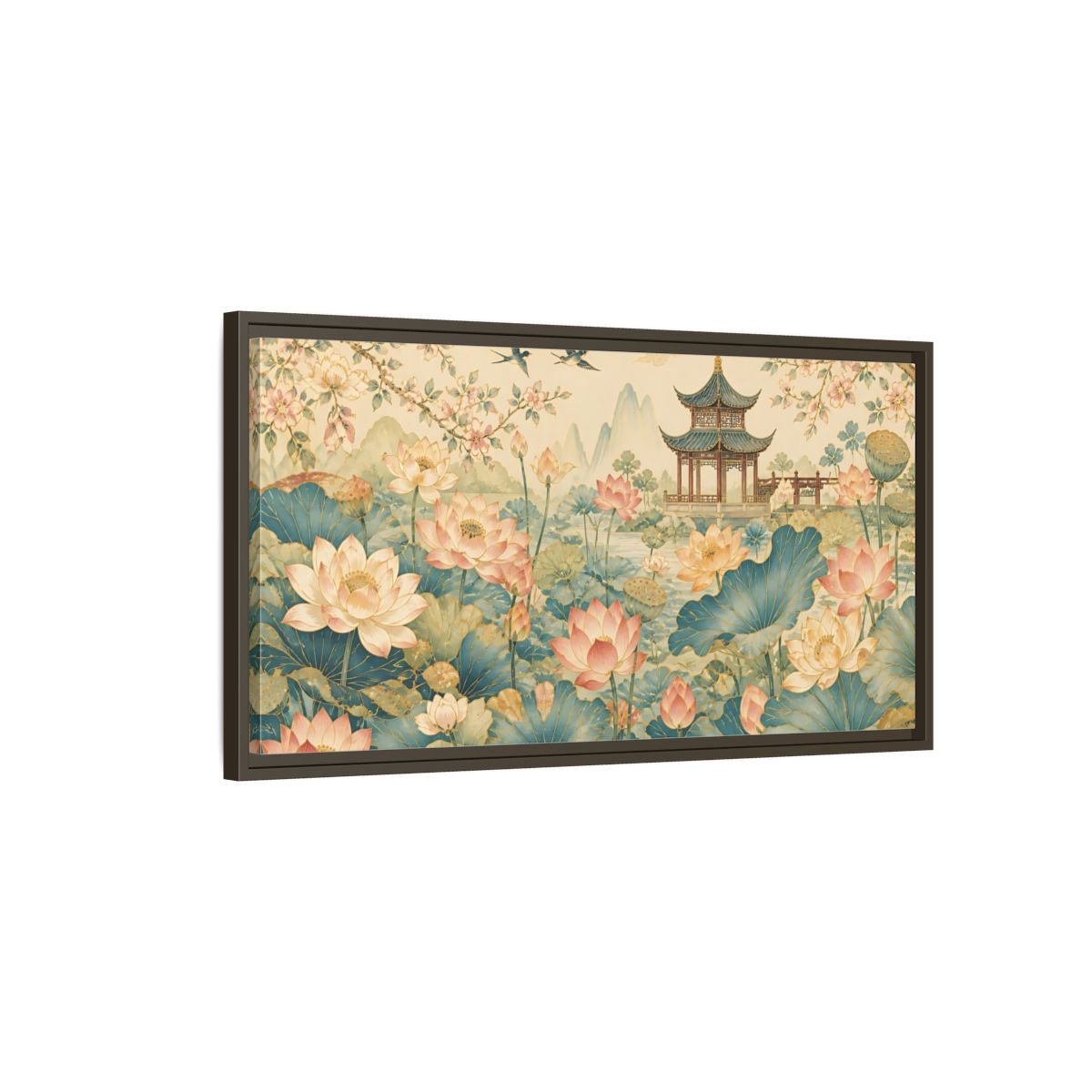 Main Mockup. Pagoda In Lotus Garden shown as framed canvas print