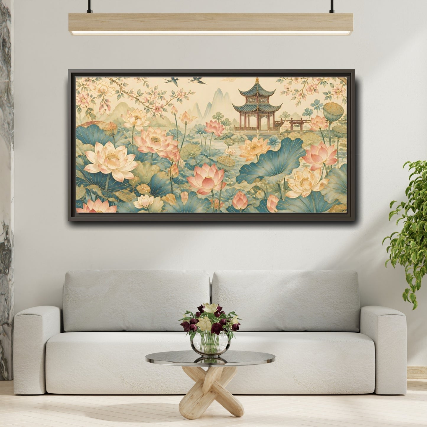 Mockup 2. Pagoda In Lotus Garden shown as framed canvas print