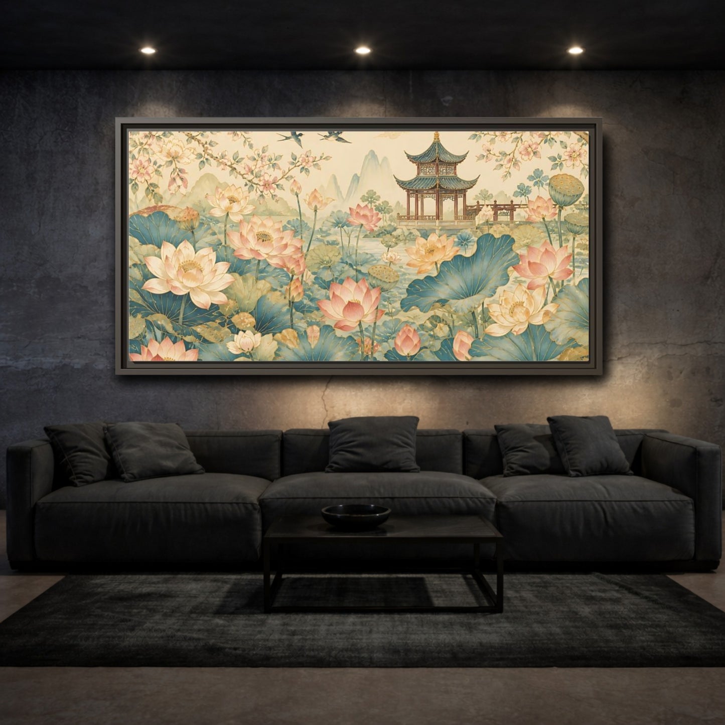 Mockup 3. Pagoda In Lotus Garden shown as framed canvas print