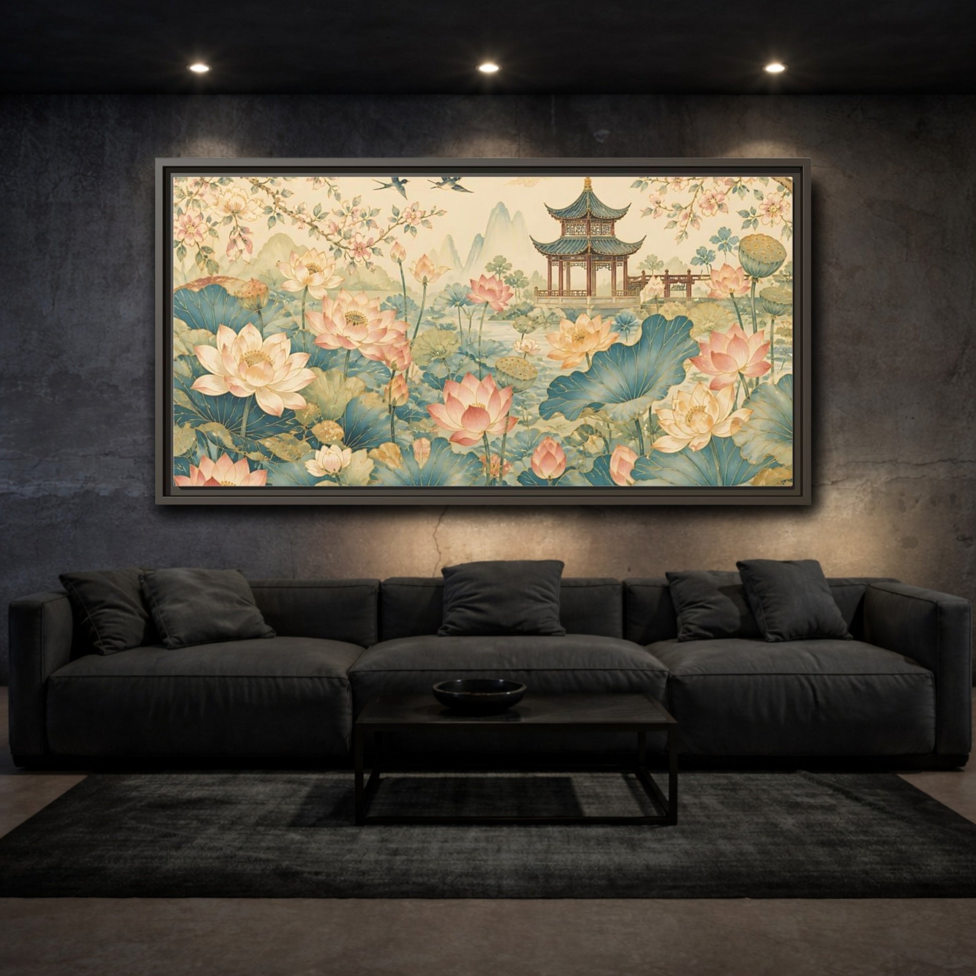 Mockup 3. Pagoda In Lotus Garden shown as framed canvas print