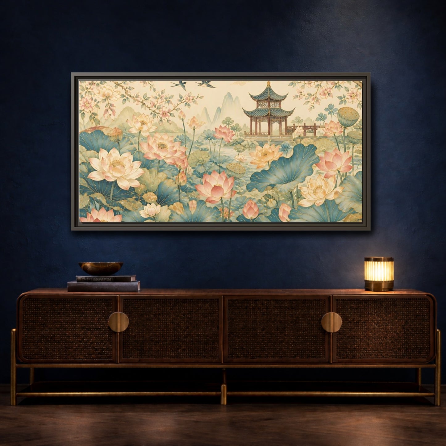 Mockup 4. Pagoda In Lotus Garden shown as framed canvas print