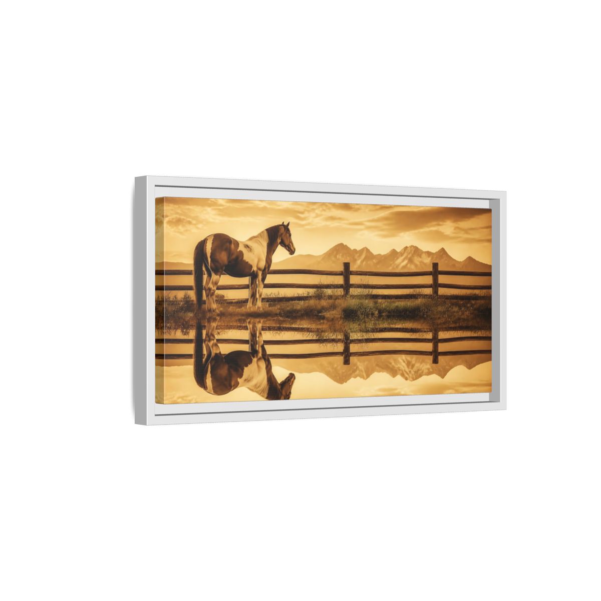 Side Mockup 6. Paint Horse Animals In Sepia shown as framed canvas print