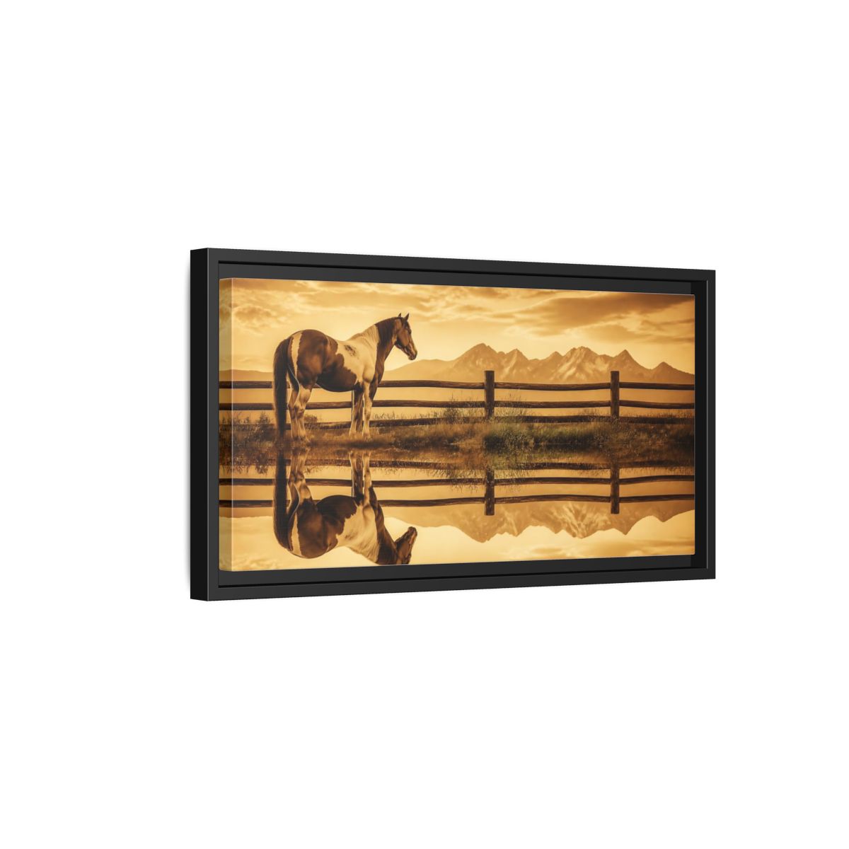 Side Mockup 8. Paint Horse Animals In Sepia shown as framed canvas print
