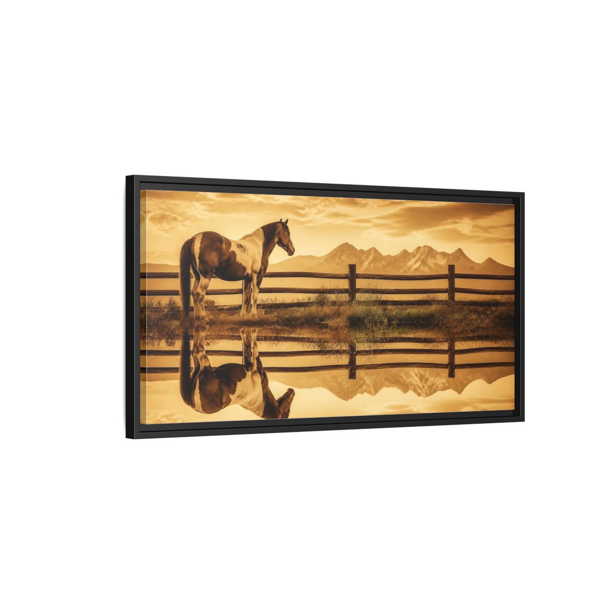 Side Mockup 2. Paint Horse Animals In Sepia shown as framed canvas print