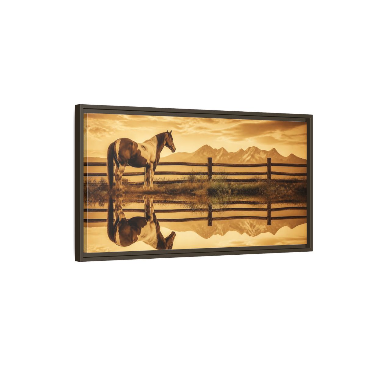 Main Mockup. Paint Horse Animals In Sepia shown as framed canvas print