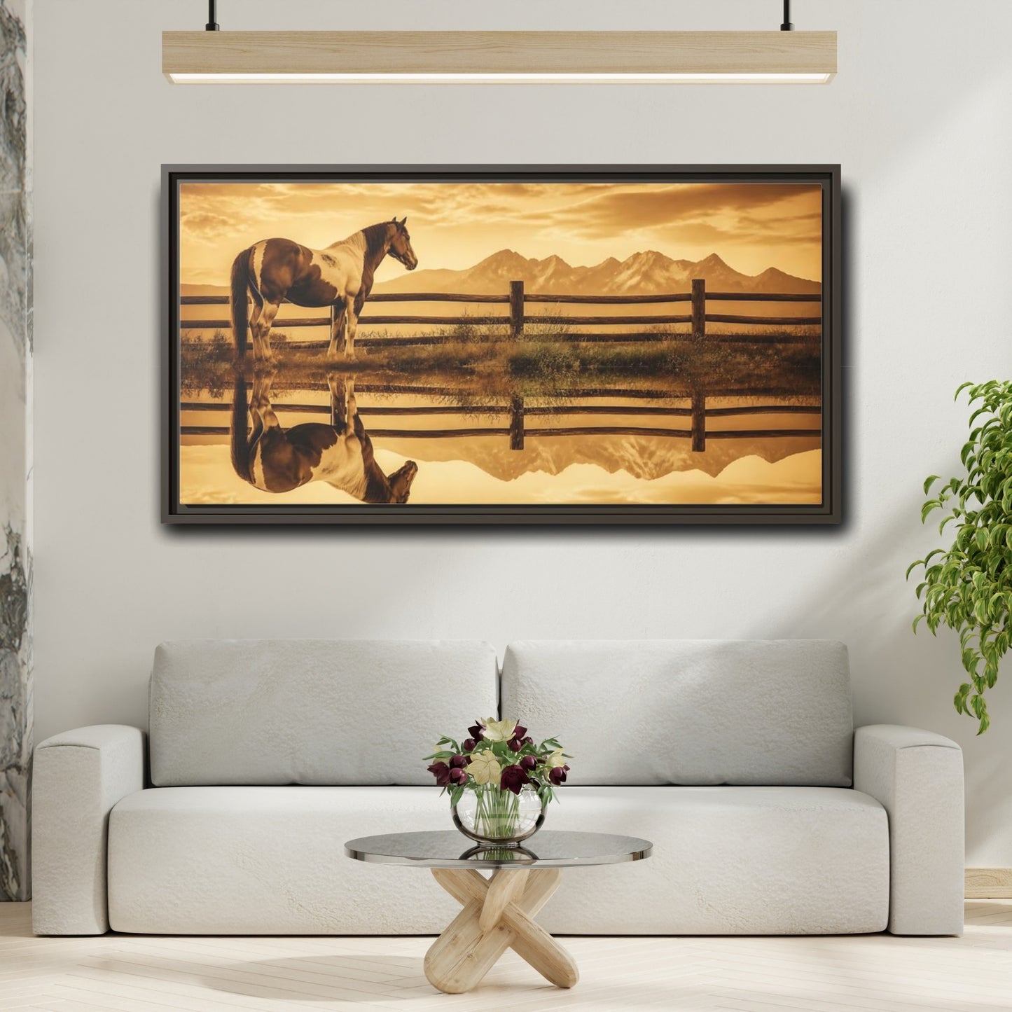 Mockup 2. Paint Horse Animals In Sepia shown as framed canvas print