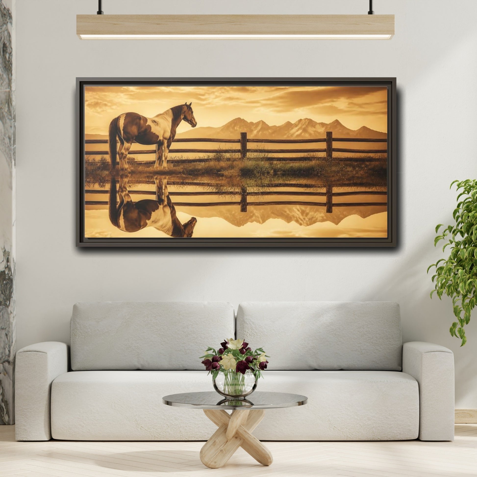 Mockup 2. Paint Horse Animals In Sepia shown as framed canvas print