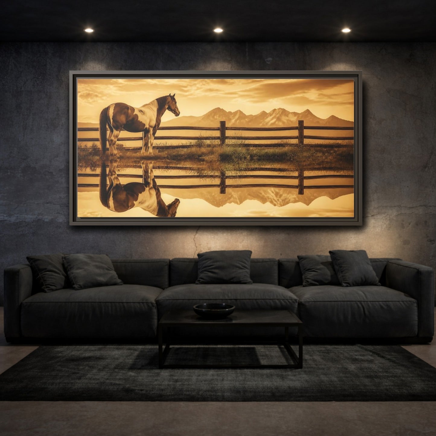 Mockup 3. Paint Horse Animals In Sepia shown as framed canvas print
