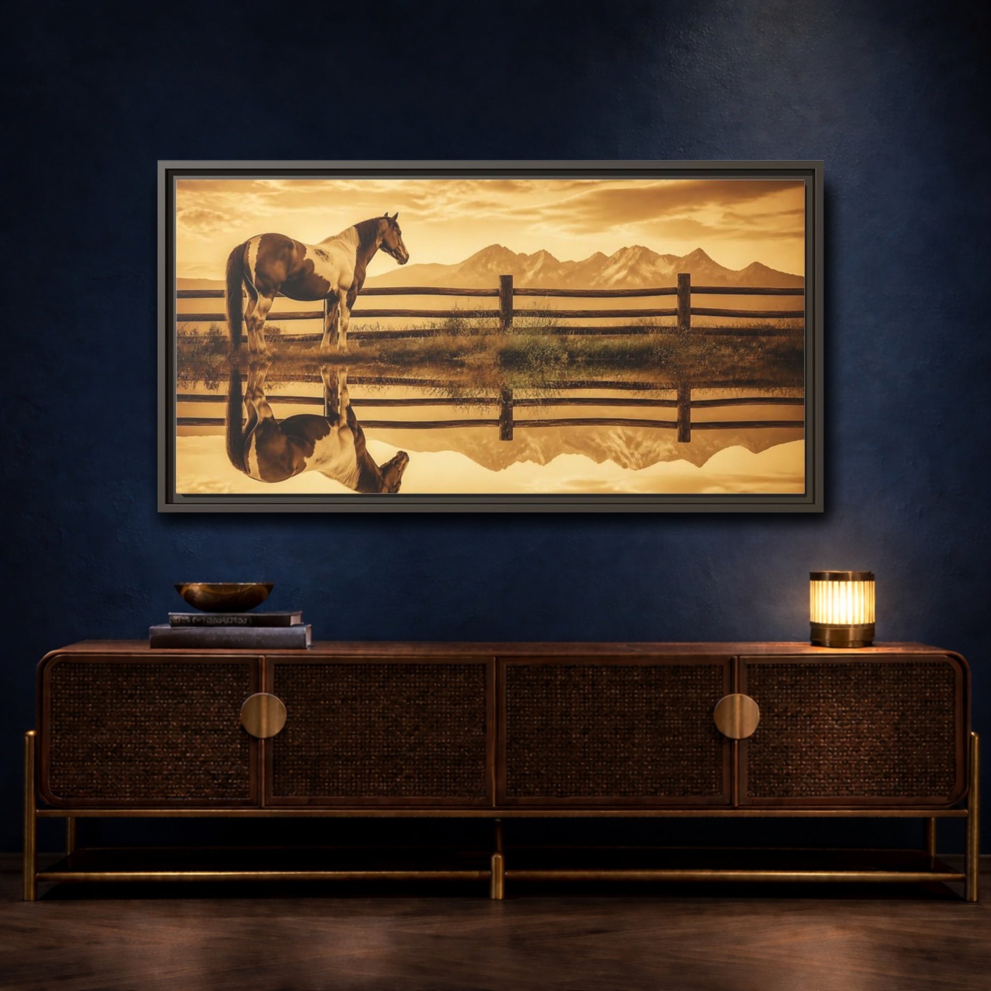 Mockup 4. Paint Horse Animals In Sepia shown as framed canvas print