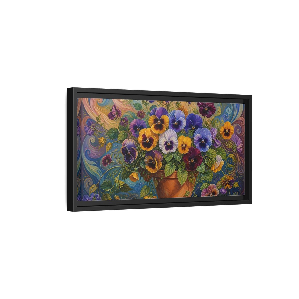 Side Mockup 8. Pansies In Terra Cotta Pot shown as framed canvas print