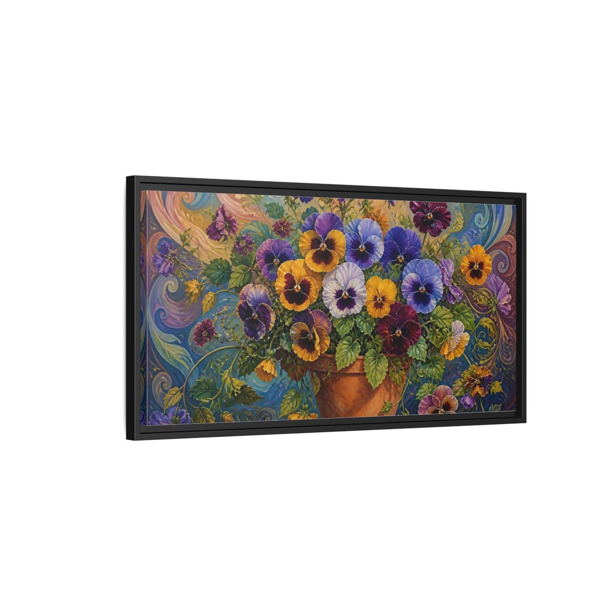 Side Mockup 2. Pansies In Terra Cotta Pot shown as framed canvas print