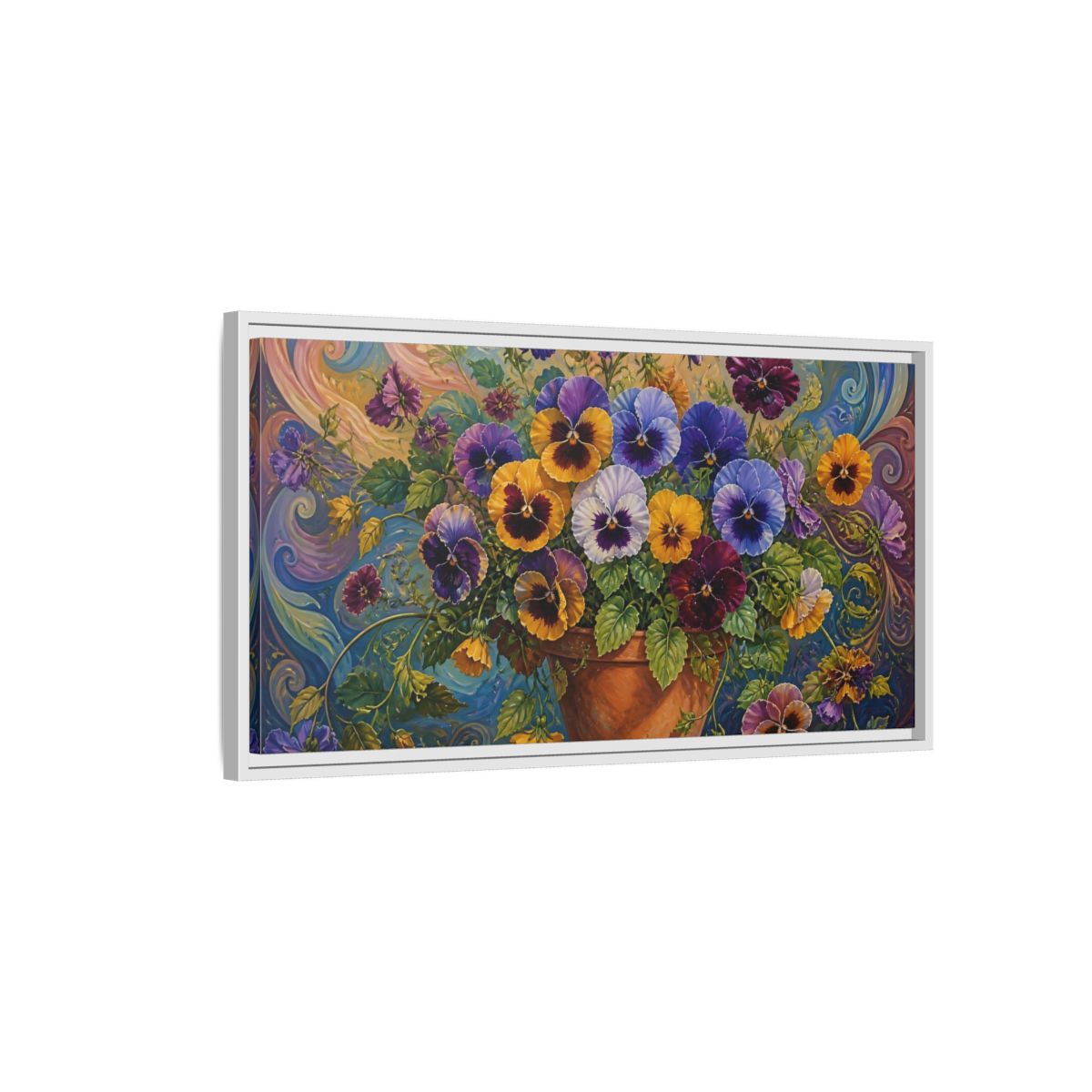 Side Mockup 1. Pansies In Terra Cotta Pot shown as framed canvas print