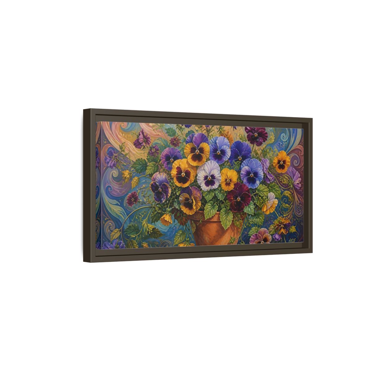 Side Mockup 7. Pansies In Terra Cotta Pot shown as framed canvas print