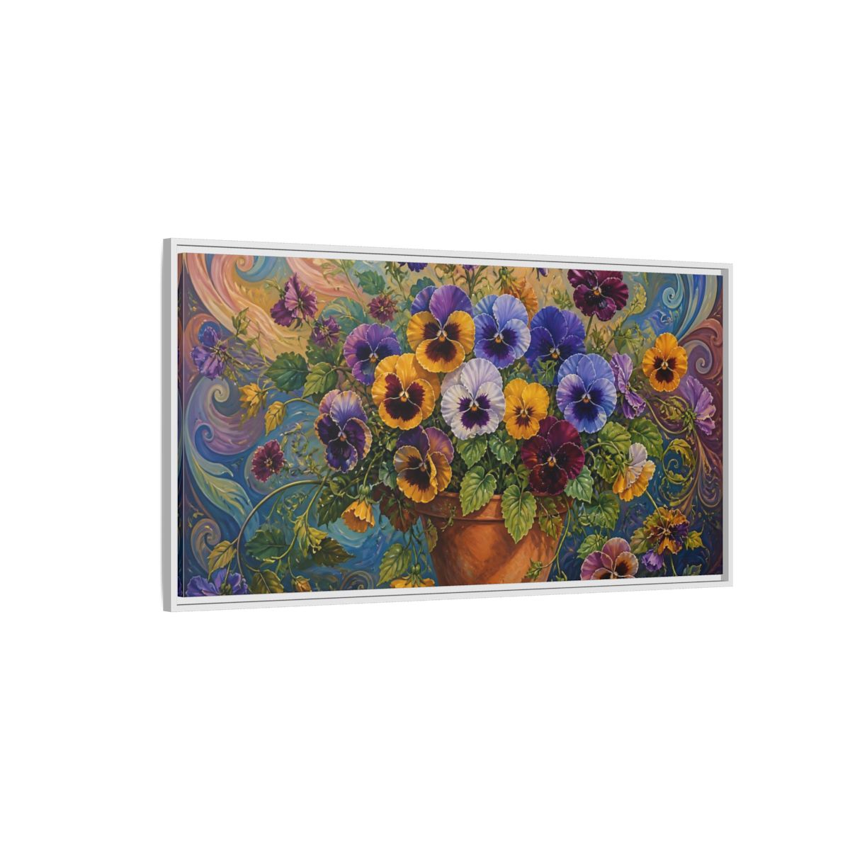 Side Mockup 3. Pansies In Terra Cotta Pot shown as framed canvas print